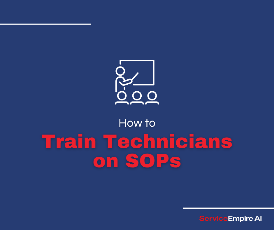 navy background, leader training team icon, with words "how to train technicians on SOPs"
