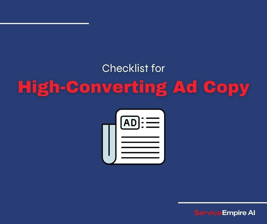 navy background, ad icon, words "checklist for high-converting ad copy"