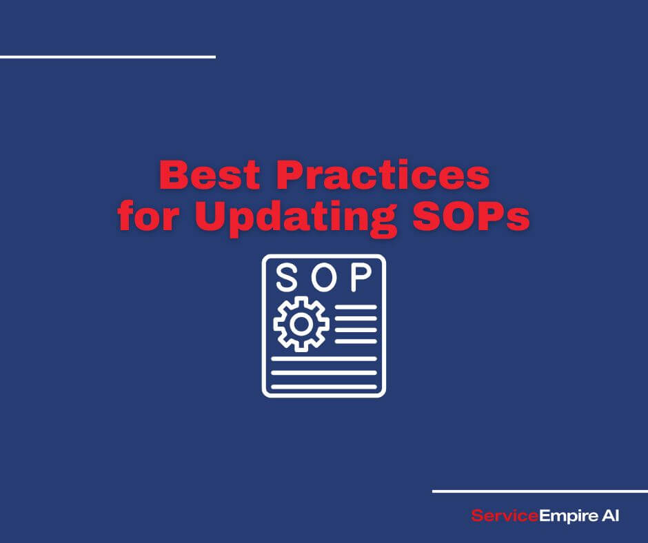 navy background, sop update icon, words "best practices for updating sops"