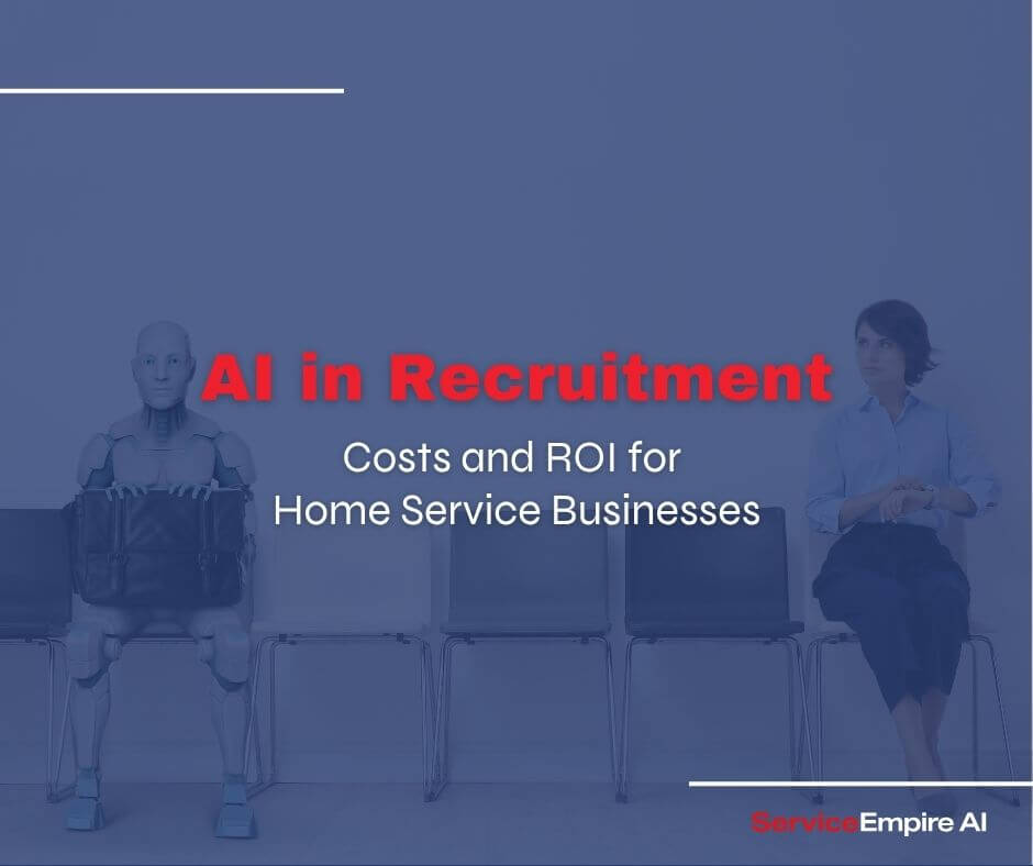 photo of robot and human sitting in line waiting to be hired, navy overlay, words "AI in recruitment"