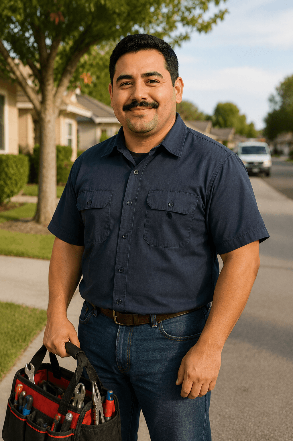 hvac technician, hispanic man with mustache holding tool bag