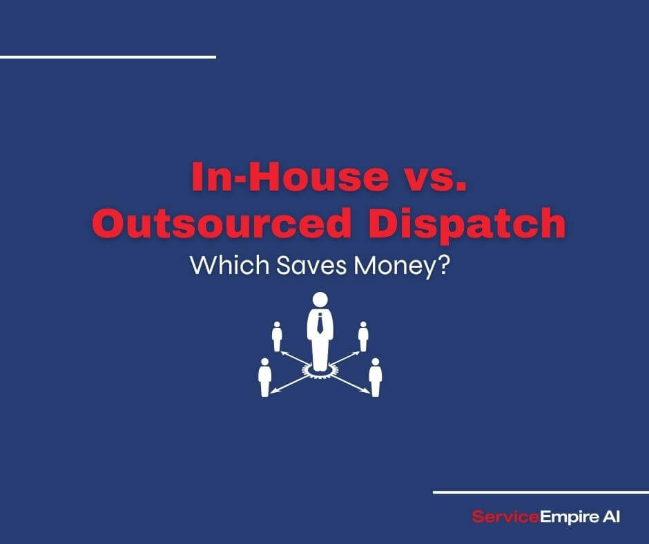 navy background, dispatch icon, words "in-house vs outsourced dispatch"
