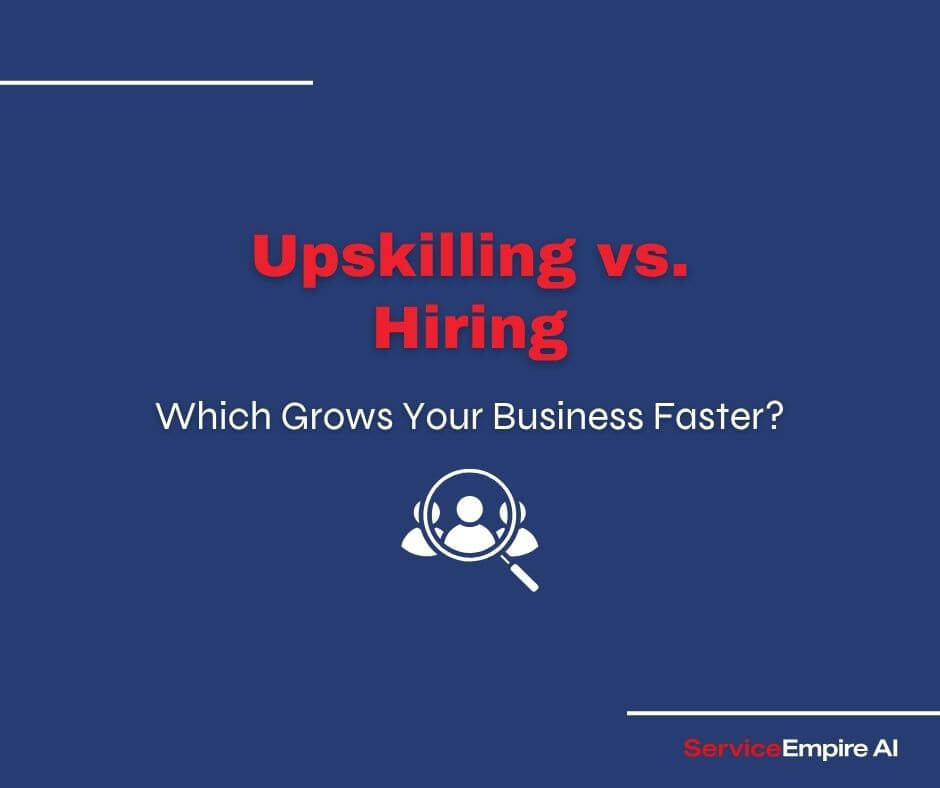 navy background, hiring icon, words "upskilling vs hiring"