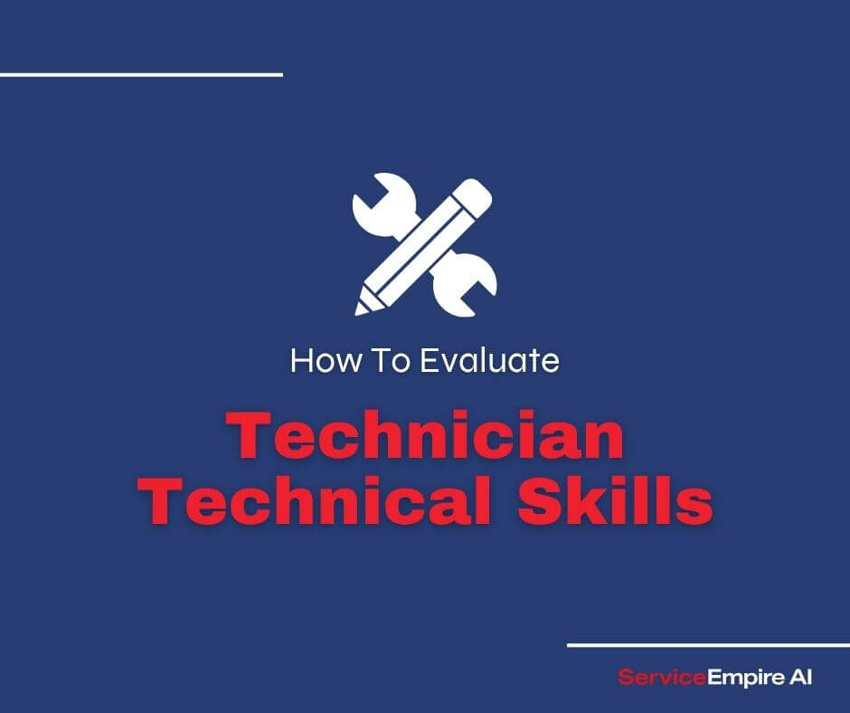navy background, technical skills icon, words "how to evaluate technician technical skills"