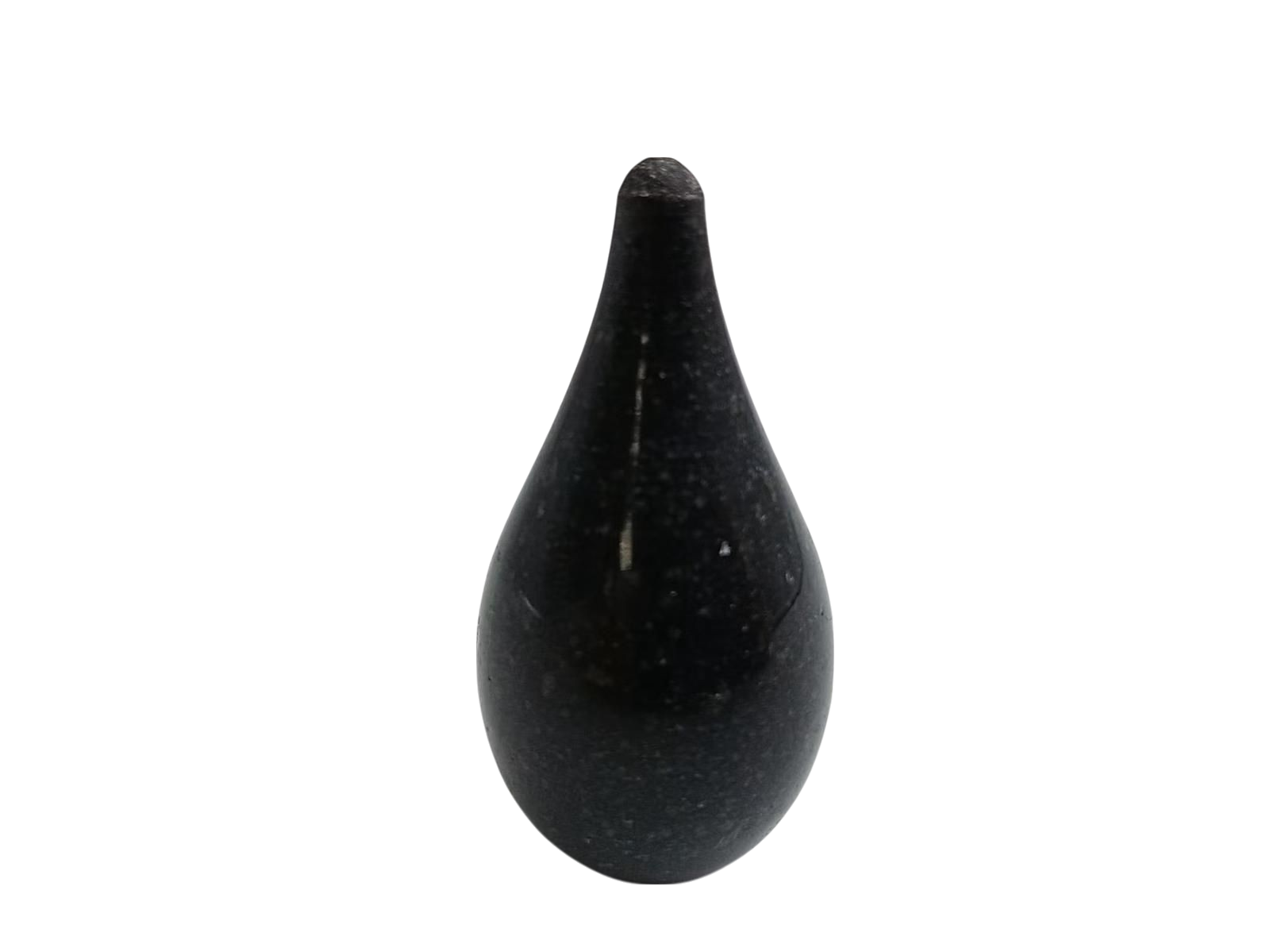 Black drop-shaped object with a slightly textured surface on a black background.