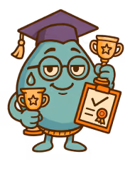 Cartoon character with graduation cap holding two trophies and a certificate with a checkmark.
