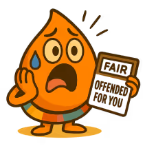 Orange teardrop-shaped character with a worried expression holding a sign that says 'FAIR OFFENDED FOR YOU'.