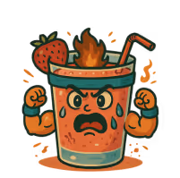 Cartoon spicy drink with angry face, flexing muscular arms, steam rising, and a strawberry on the rim.