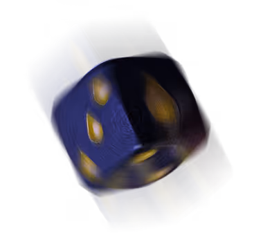 Dark blue translucent six-sided die showing the numbers five, three, and two.