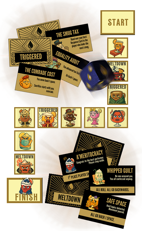 Board game layout with illustrated character tokens, black cards with various instructions like 'The Smug Tax,' 'Equality Audit,' and a blue six-sided die on a wooden surface.
