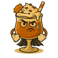 Cartoon spicy drink with angry face, flexing muscular arms, steam rising, and a strawberry on the rim.