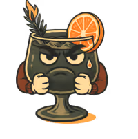 Cartoon spicy drink with angry face, flexing muscular arms, steam rising, and a strawberry on the rim.