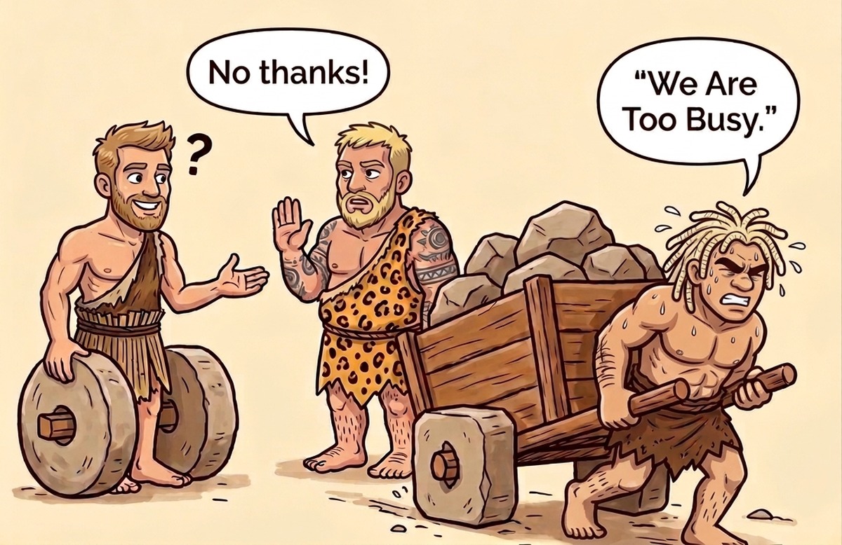Cartoon: holbewoners sleuren een kar op vierkante wielen en slaan de ronde wielen af — te druk om te verbeteren
