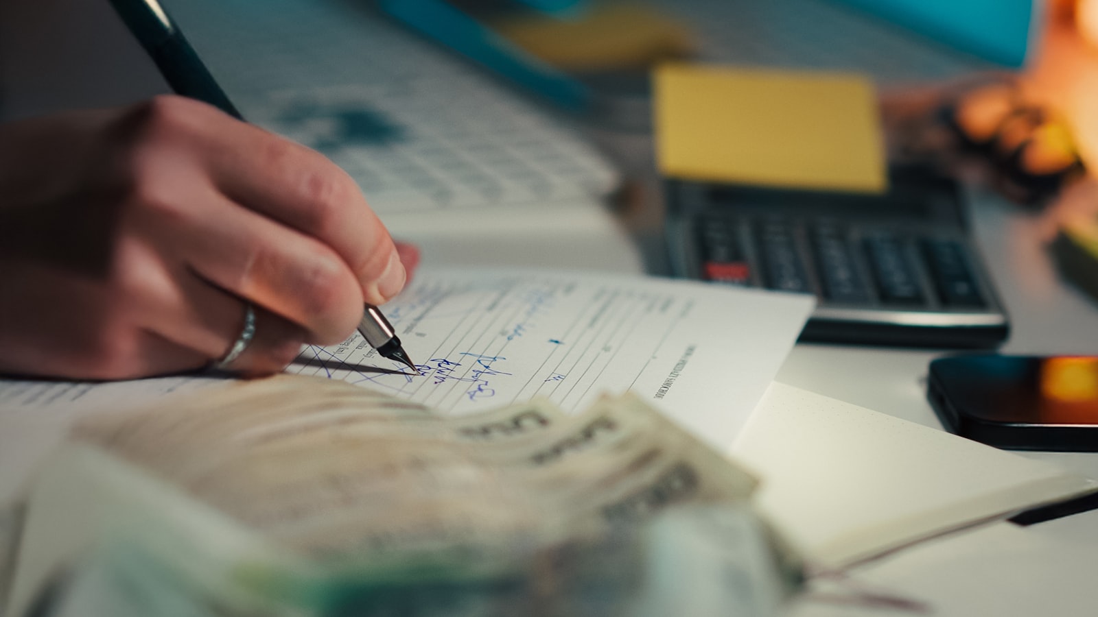 Calcul d'un budget avec calculatrice, carnet et billets