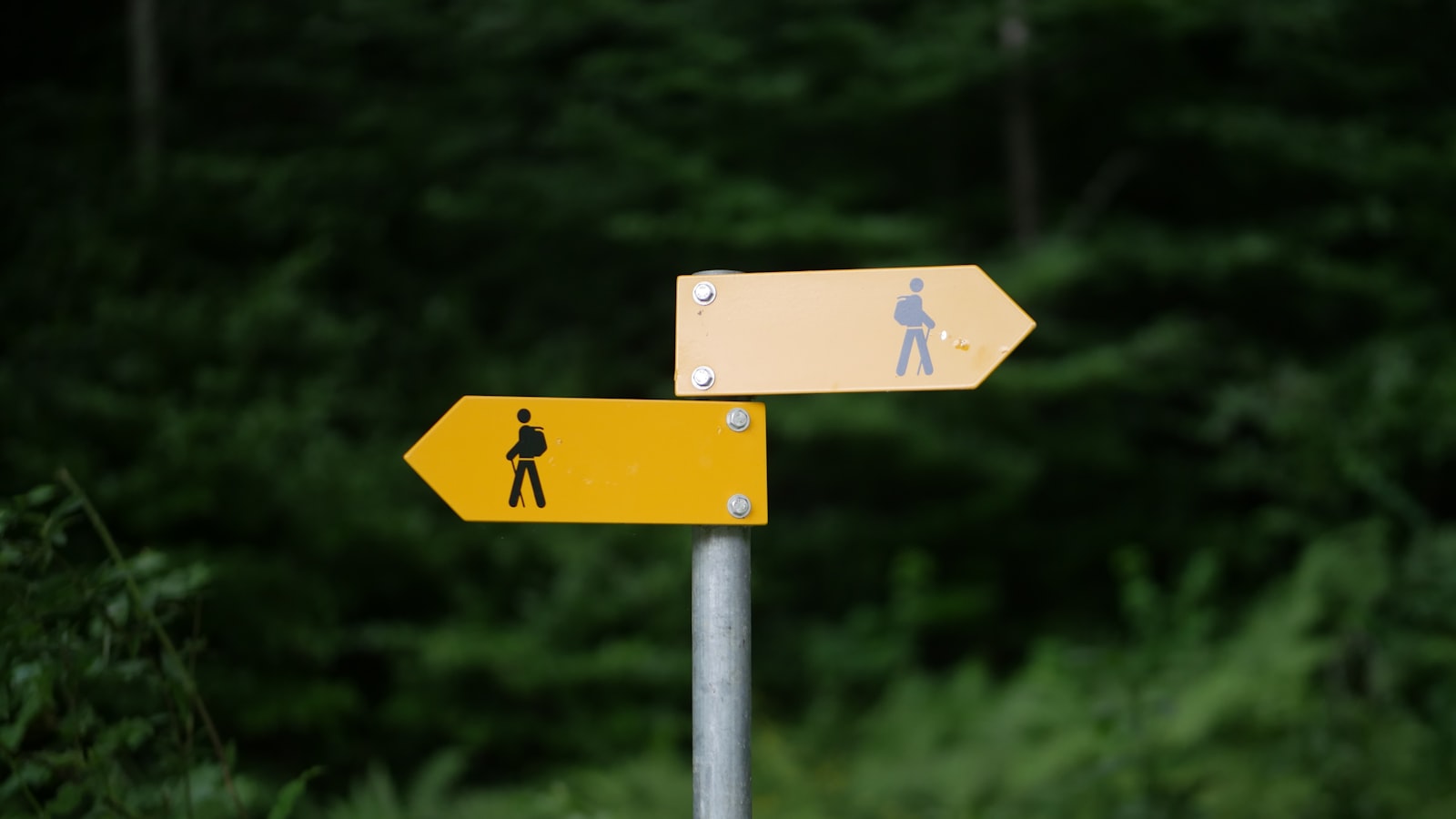 Deux panneaux directionnels jaunes pointant dans des directions opposées