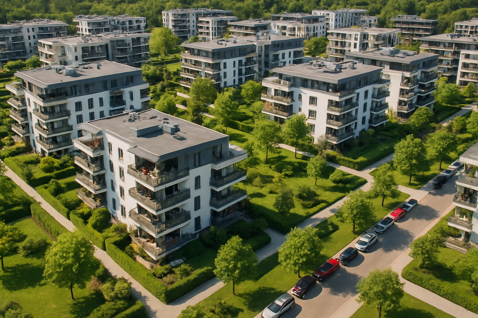 Nowoczesne osiedle z lotu ptaka, otoczone zielenią, z białymi apartamentowcami, samochodami na parkingach i balkonami ozdobionymi kwiatami oraz meblami ogrodowymi.