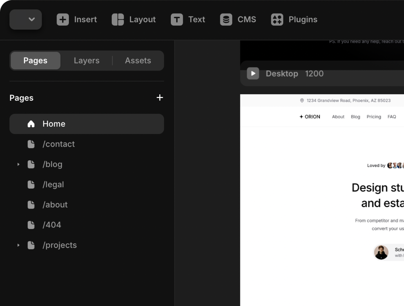 Dark mode website builder interface used by our expert web developers to construct scalable platforms