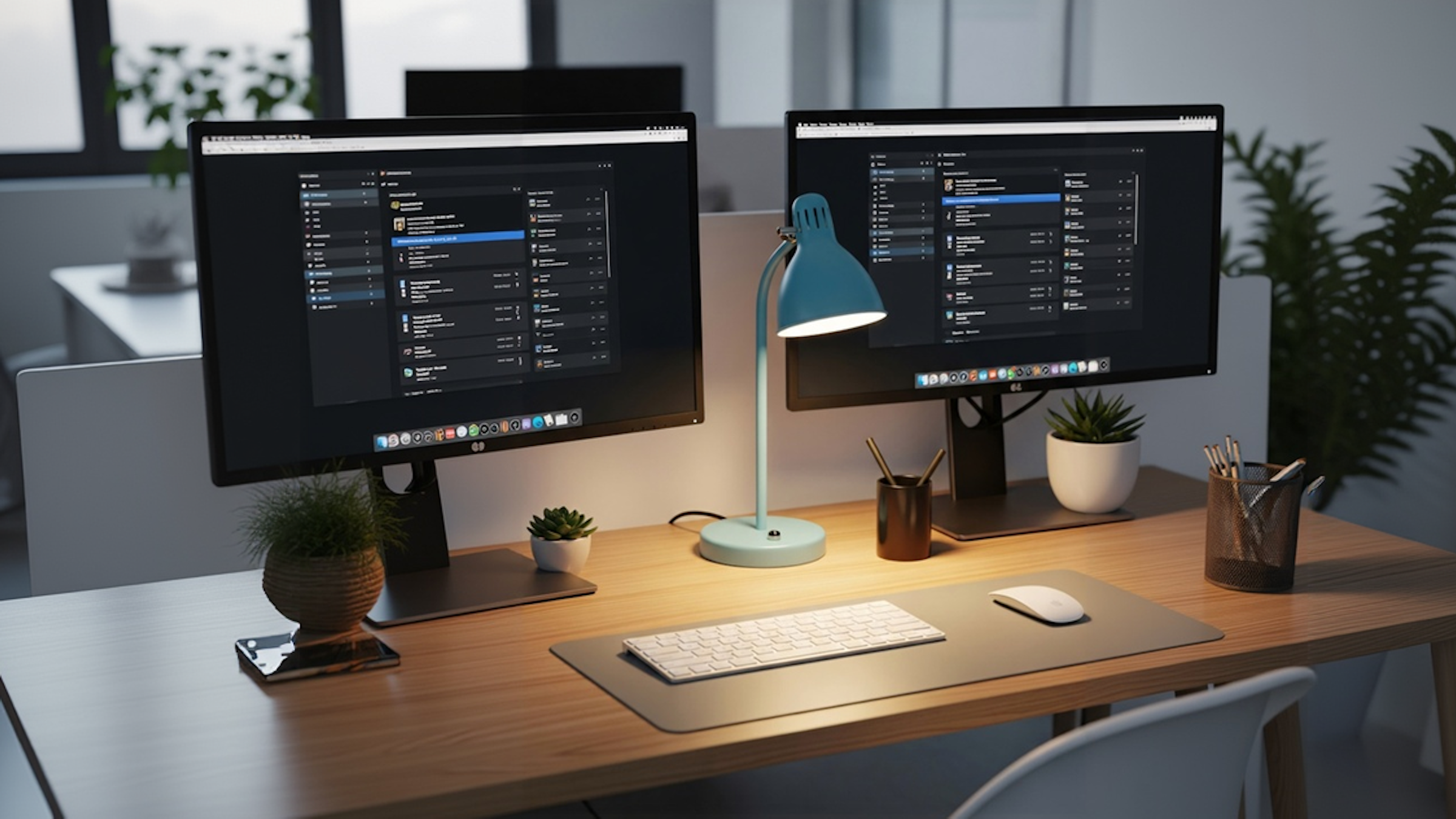 Modern desk setup with two monitors showing web layouts, used by our South Carolina website designer