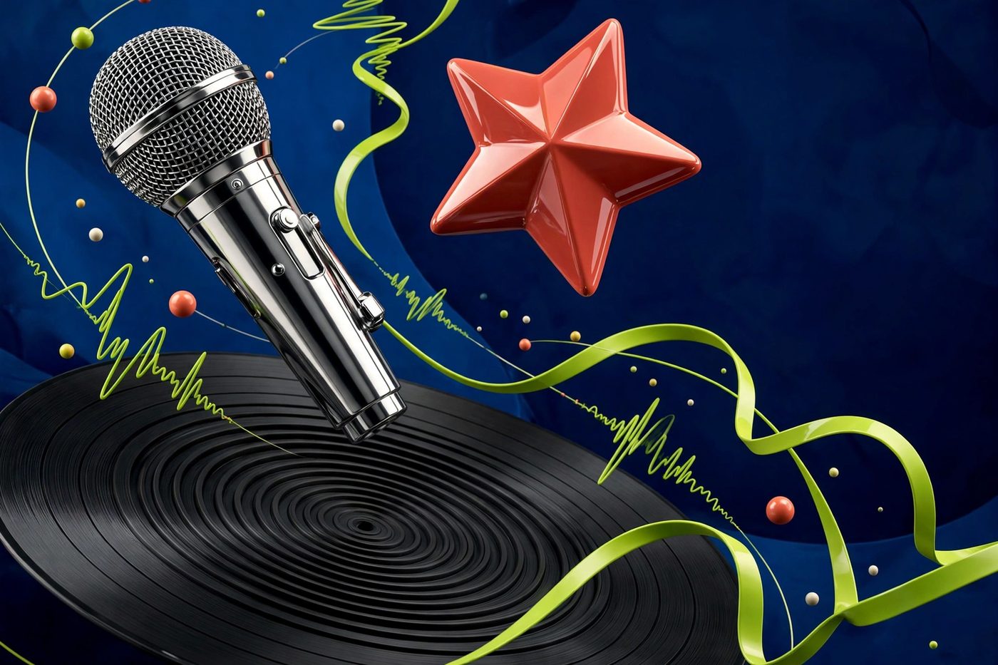 Micrófono, estrella y disco de vinilo
