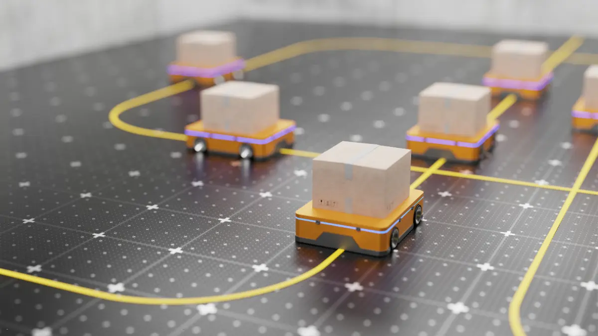 Small robotic carts transporting packages along designated paths, symbolizing automated risk management systems in logistics