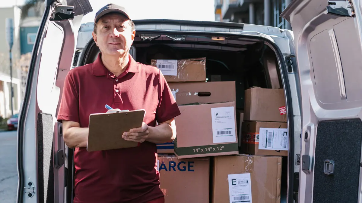 Procurement risk management checked by delivery worker using clipboard near van full of labeled packages.