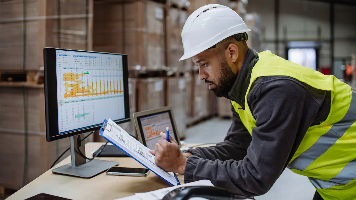 Investing in third-party risk management visualized by a warehouse supervisor analyzing supplier data on screens.