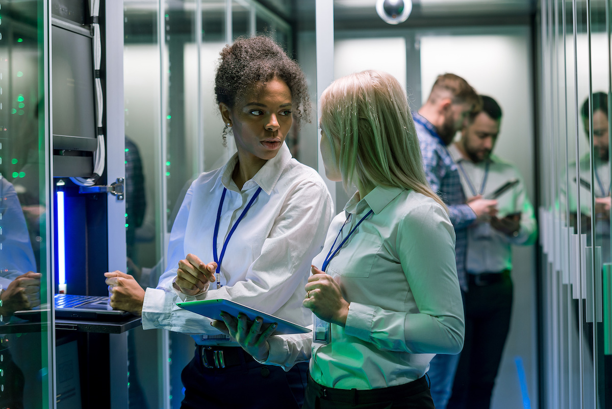 Two office workers check security systems for their servers