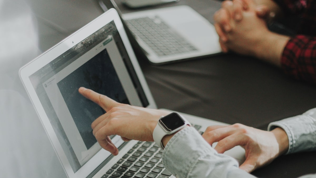 Sustainability reporting: person pointing to a laptop screen