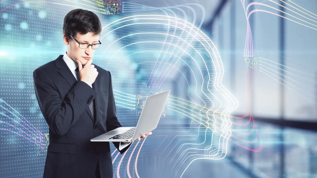 Third-party risk management expert analyzing AI-driven insights on a futuristic digital interface.