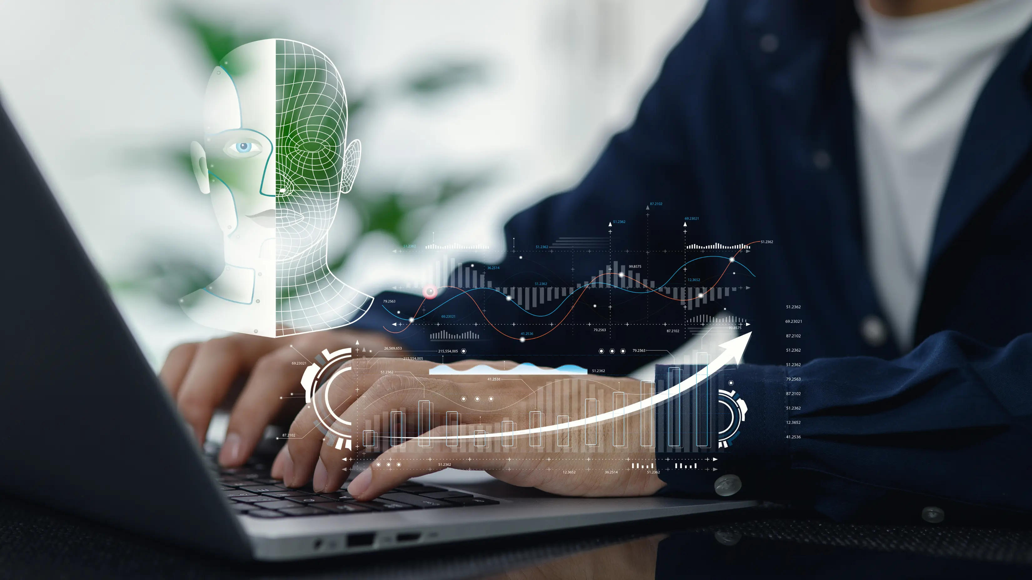 risk mitigation plan illustrated with AI analytics, financial graphs, and predictive data visualization over a laptop screen