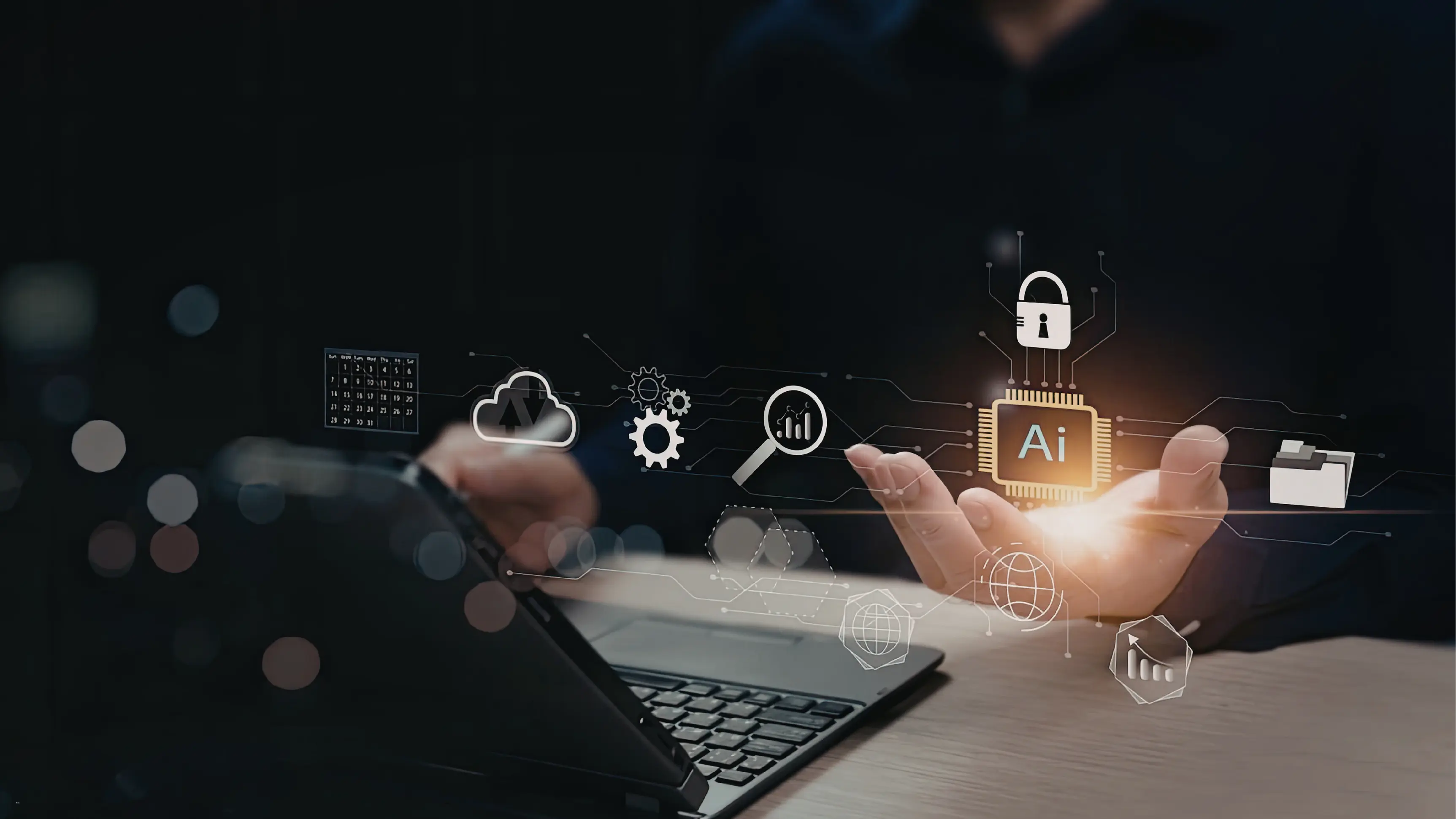 AI in third-party risk management concept showing a professional using a laptop with holographic icons including an AI chip, security lock, cloud, and data analytics symbols
