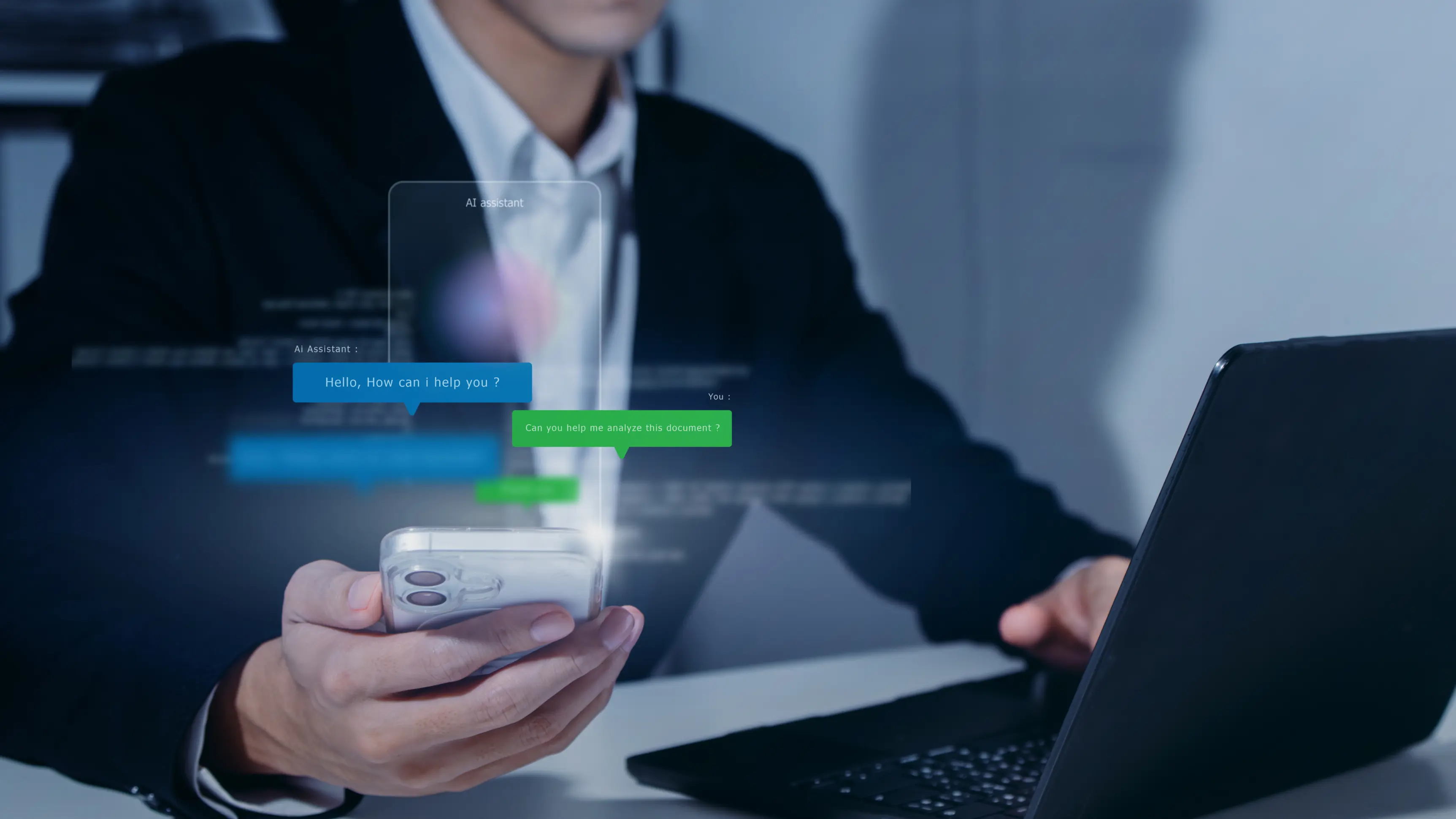 hird party risk management software interface displayed as an AI assistant chat on a smartphone, with a businessman analyzing documents on a laptop