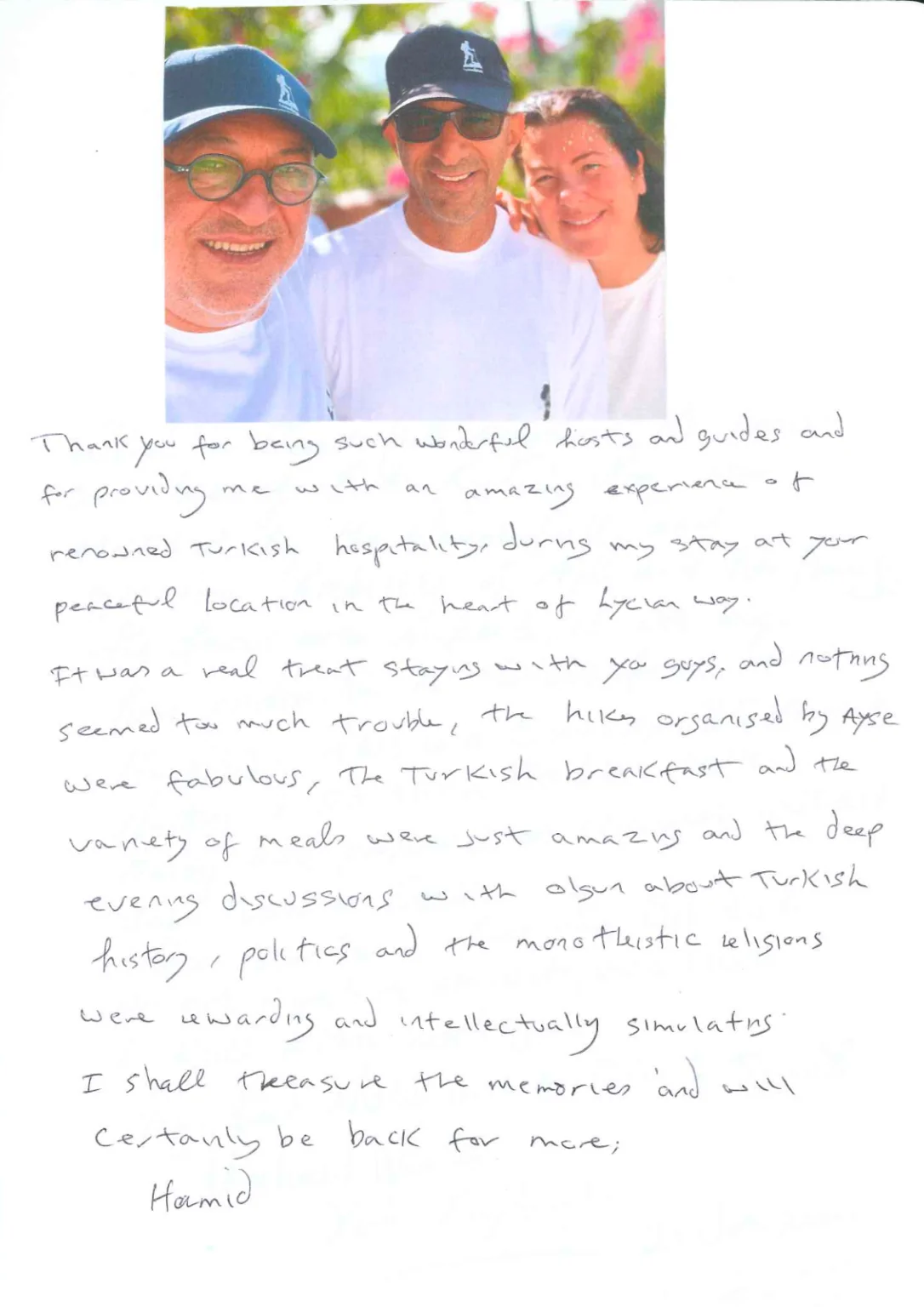 Handwritten Review from Lycian Way Guest Experience