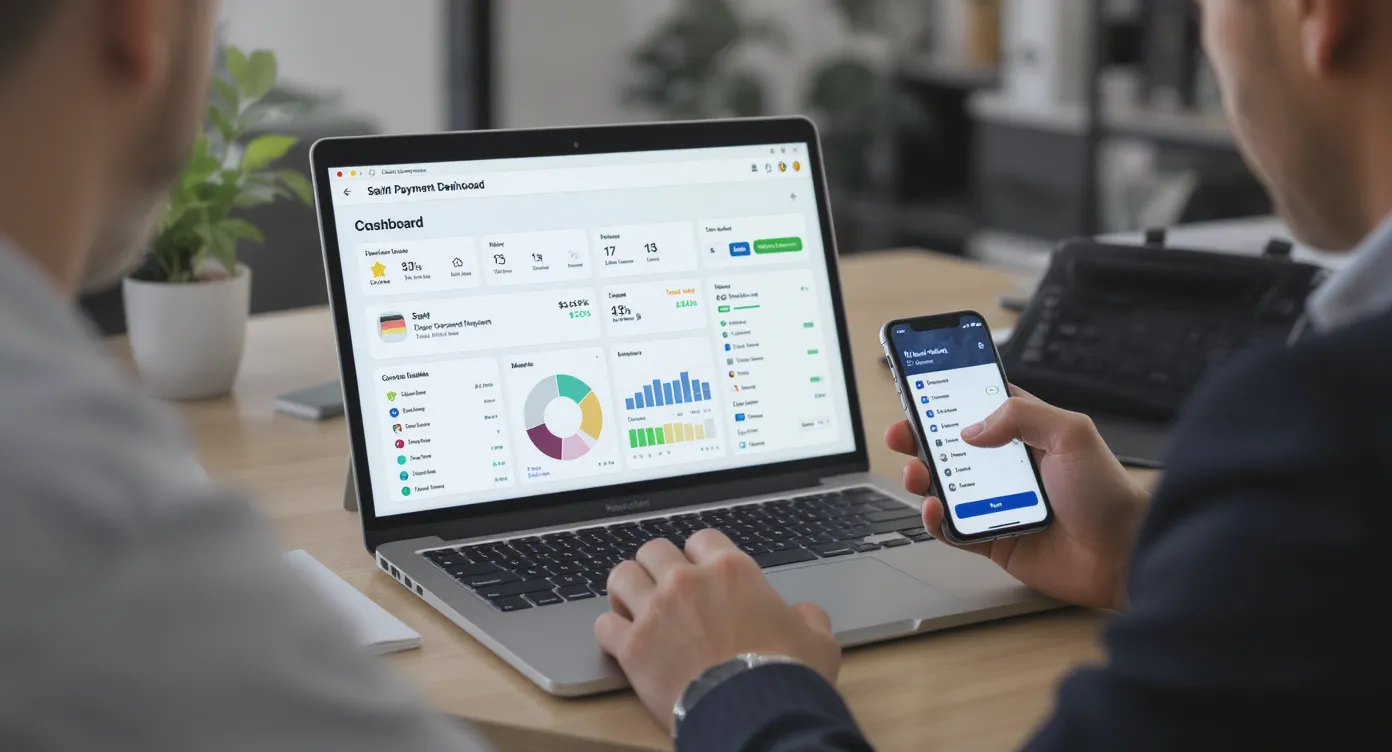 E-commerce manager reviewing a unified payment dashboard on a laptop while a colleague tests a smartphone wallet checkout flow in an office setting.