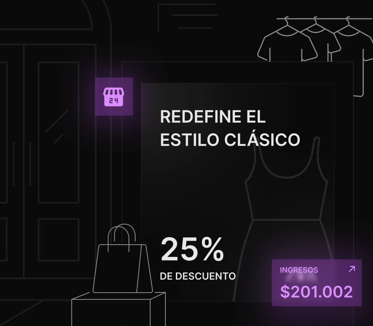 A black and purple advertisement for a clothing store.