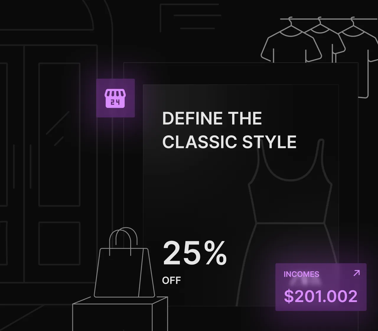 A black and purple advertisement for a clothing store.