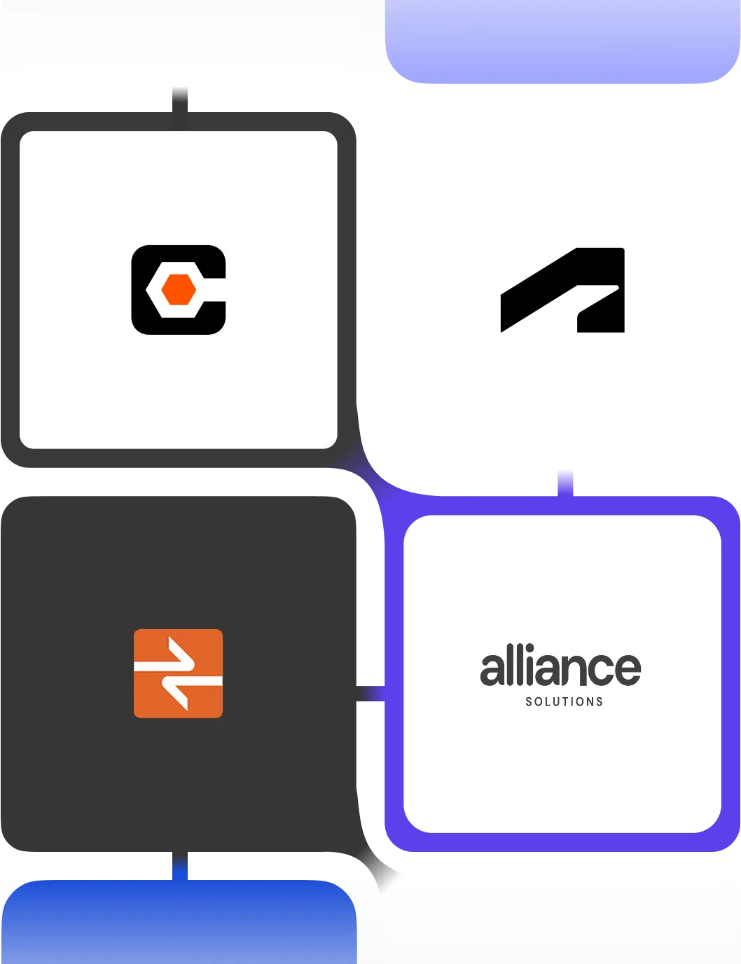 The image shows four logos in a square layout. The top left logo features a white square with a black border and a stylized "C" inside, with an orange hexagon in the center. The top right logo is a white square with a black border and a black abstract shape resembling a stylized "A". The bottom left logo is a dark gray square with an orange square inside, containing two white arrows pointing in opposite directions. The bottom right logo is a white square with a blue border and the text "alliance" in black above "SOLUTIONS" in a smaller font. The logos are connected by blue lines.