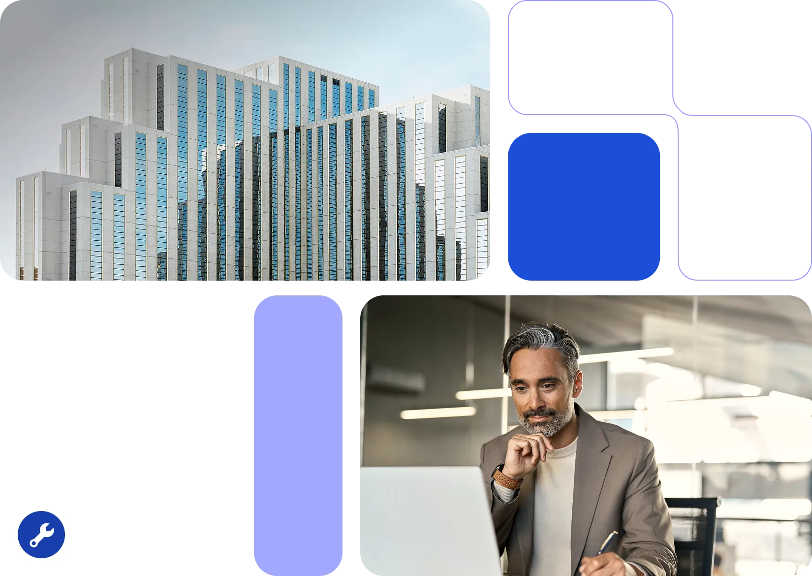 A man with graying hair and a beard sits in front of a laptop, with a modern office building in the background. He is wearing a tan blazer and has a thoughtful expression, with his hand to his chin. He is holding a pen and appears to be taking notes. The background features a contemporary office space with glass walls and modern lighting. The building in the background is a large, multi-story structure with a unique, stepped design.