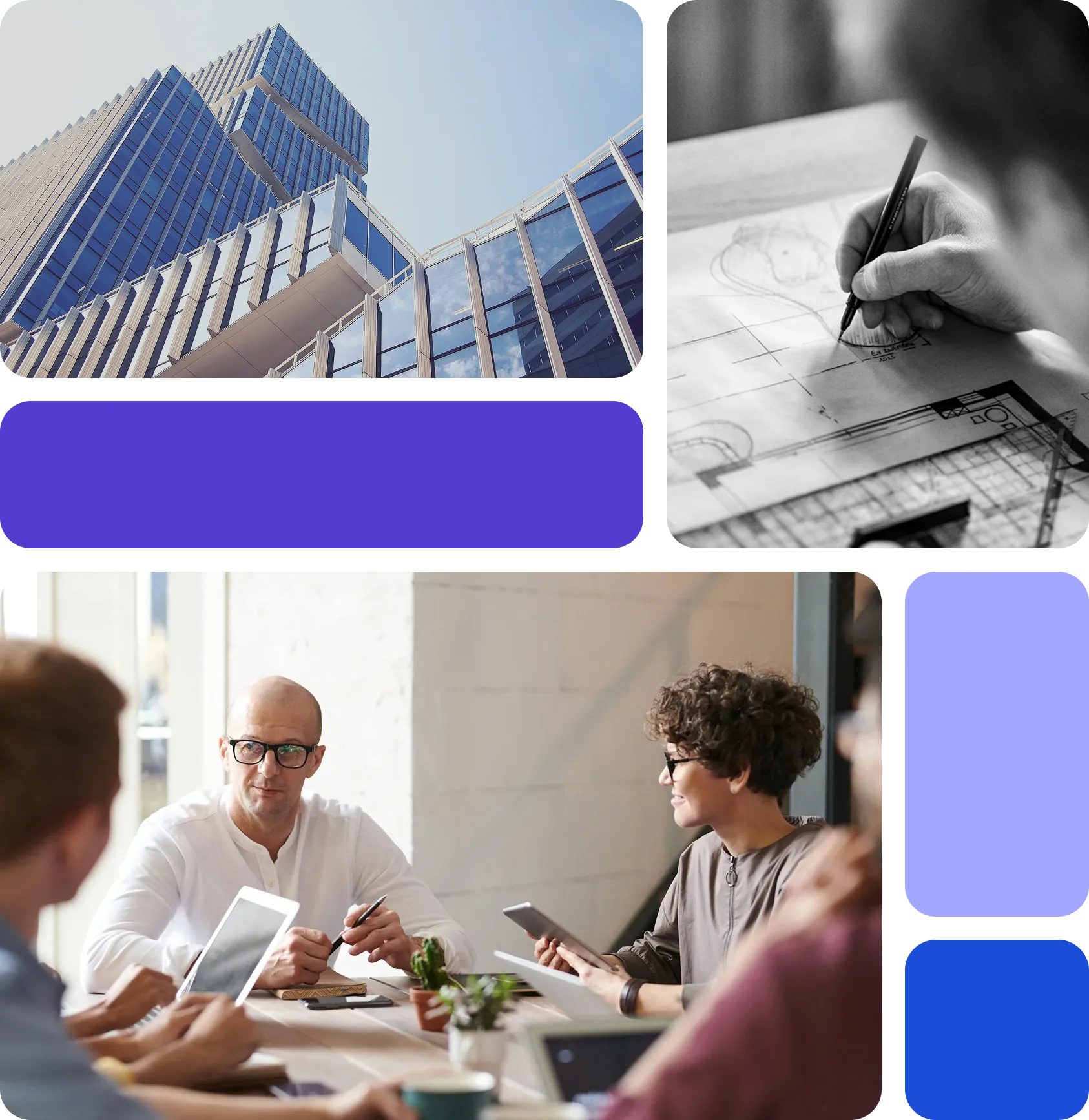 The image is a collage of four different images. The top left image is a low-angle shot of a modern glass building. The top right image is a black and white photo of a hand drawing on a blueprint. The bottom left image is a group of people sitting around a table, looking at tablets and talking. The bottom right image is a solid blue color.