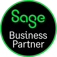 The image is a logo for Sage Business Partner. The logo is a black circle with a green border. The word "Sage" is written in green at the top of the circle, and the words "Business Partner" are written in white below it.