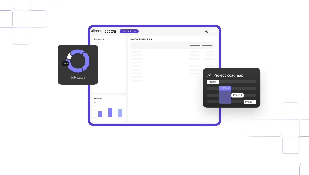 The image shows a dashboard interface with various data visualizations. The dashboard includes a job status indicator showing 80%, a revenue bar graph, a cash flow detail section, and a project roadmap with phases. The interface is clean and modern, with a focus on presenting key project metrics.
