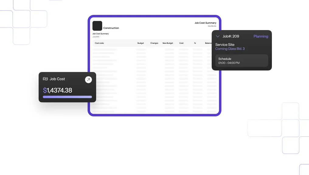 The image shows a digital interface for job cost management. The main element is a table with a blue border, labeled "Job Cost Summary," displaying data related to construction costs. Columns include "Cost code," "Budget," "Changes," "New Budget," "Cost," "%," and "Balance." The table rows are filled with horizontal lines, indicating data placeholders.
Overlapping the table is a dark gray card titled "Job Cost," displaying a total cost of "$1,4374.38" with a progress bar underneath. To the right of the table, another dark gray card shows job details: "Job#:209" with a "Planning" tag, "Service Site: Corning Glass Bld. 3," and "Schedule: 01:00-04:00 PM." The interface uses a clean, modern design with a blue and gray color scheme. The background features a subtle pattern of interconnected plus signs.