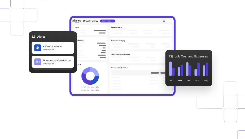 The image shows a dashboard interface for a construction company. The dashboard includes alerts for overtime hours and unexpected material costs, as well as charts and graphs for payables aging, receivables aging, service receivables aging, income from operations, and job cost and expenses. The job cost and expenses chart shows data for January through May.