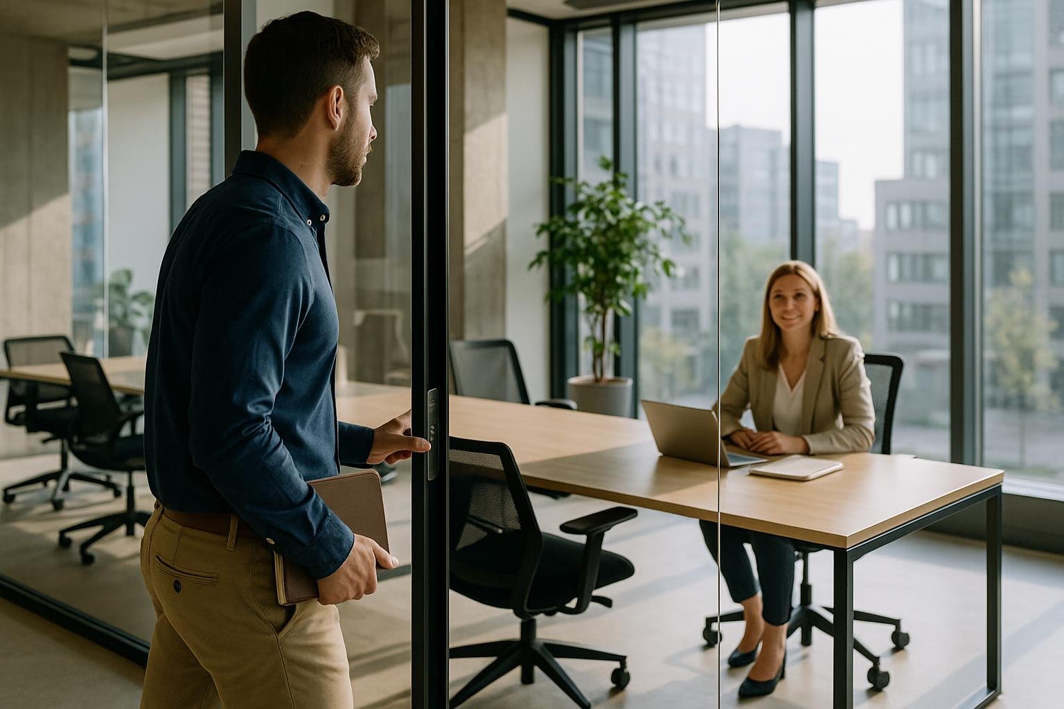 Implementation consultant entering a modern office conference room for a client kickoff meeting