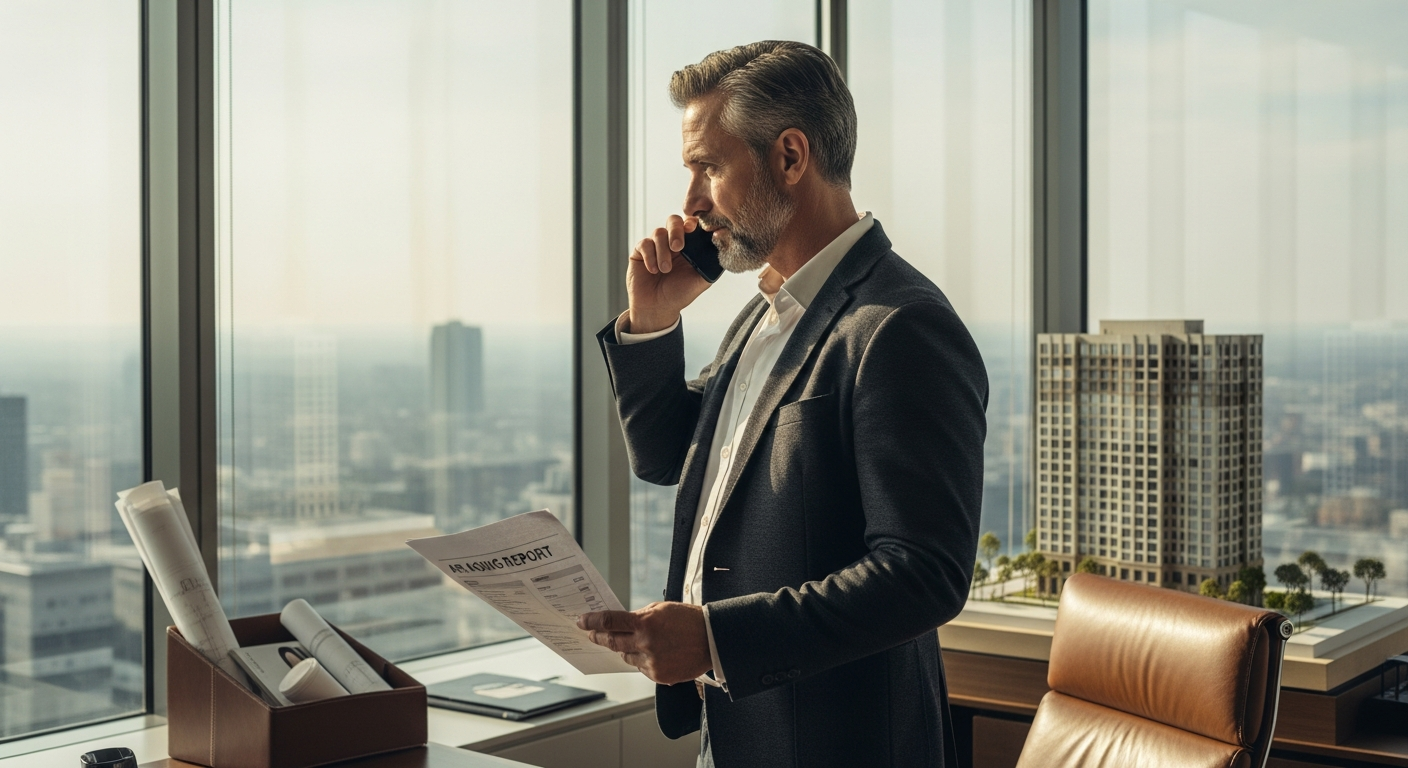 Construction company CFO on a phone call by floor-to-ceiling windows in a downtown corner office, reviewing a printed AR aging report