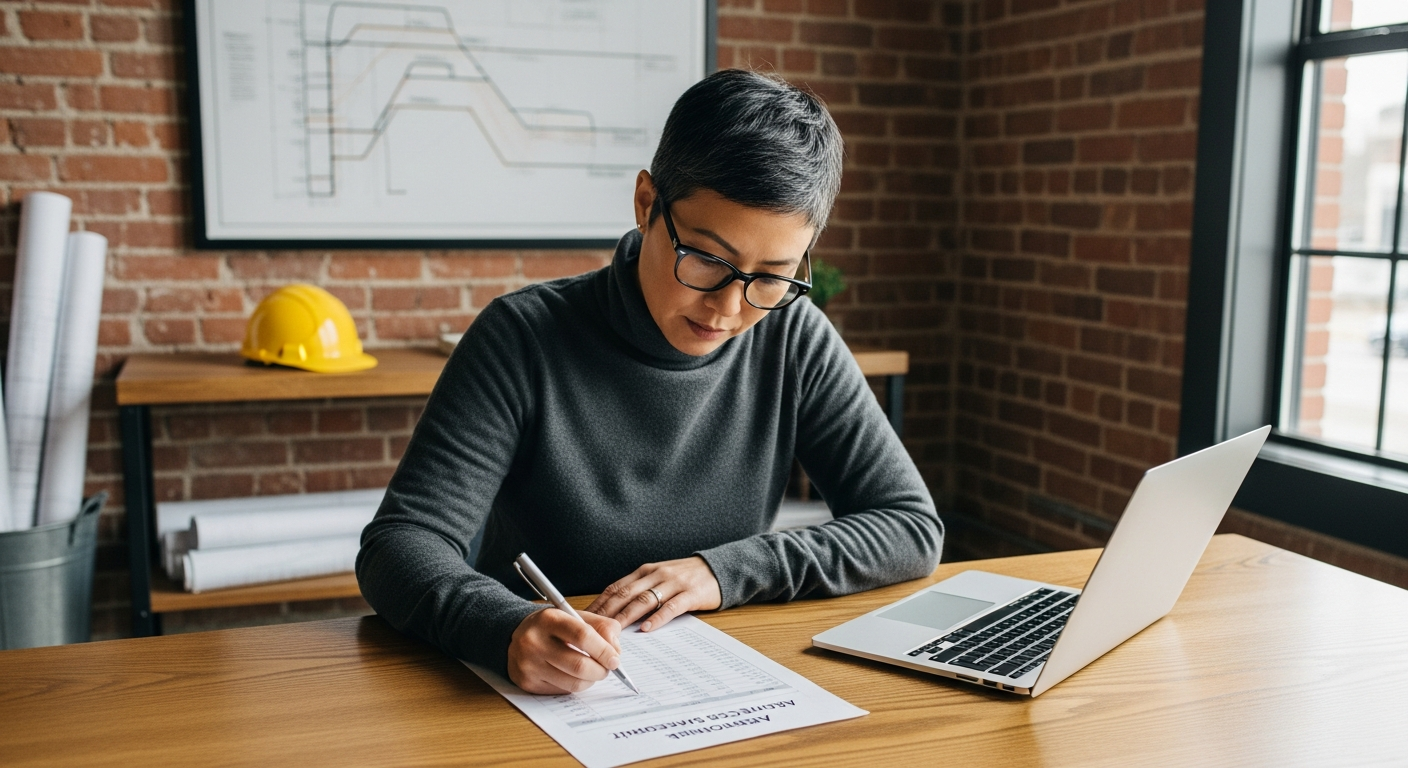 Construction accounting controller reviewing a printed AR aging report at a wooden desk in a renovated industrial contractor office