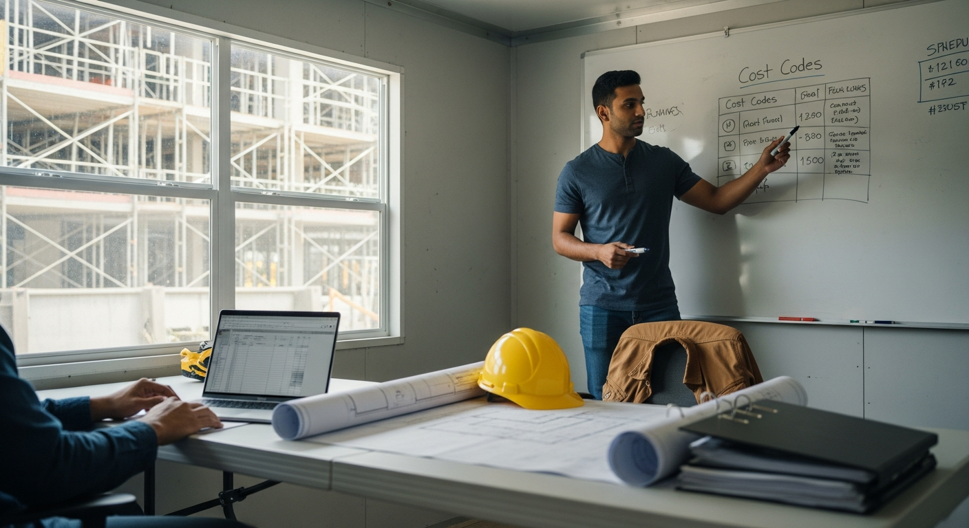 General contractor project accountant standing at a whiteboard with cost codes at a jobsite field-office trailer, colleague at the table reviewing a laptop