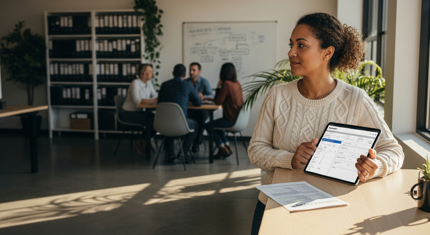 Specialty contractor operations manager at a standing desk holding a tablet, looking out the window in a shared open-plan office