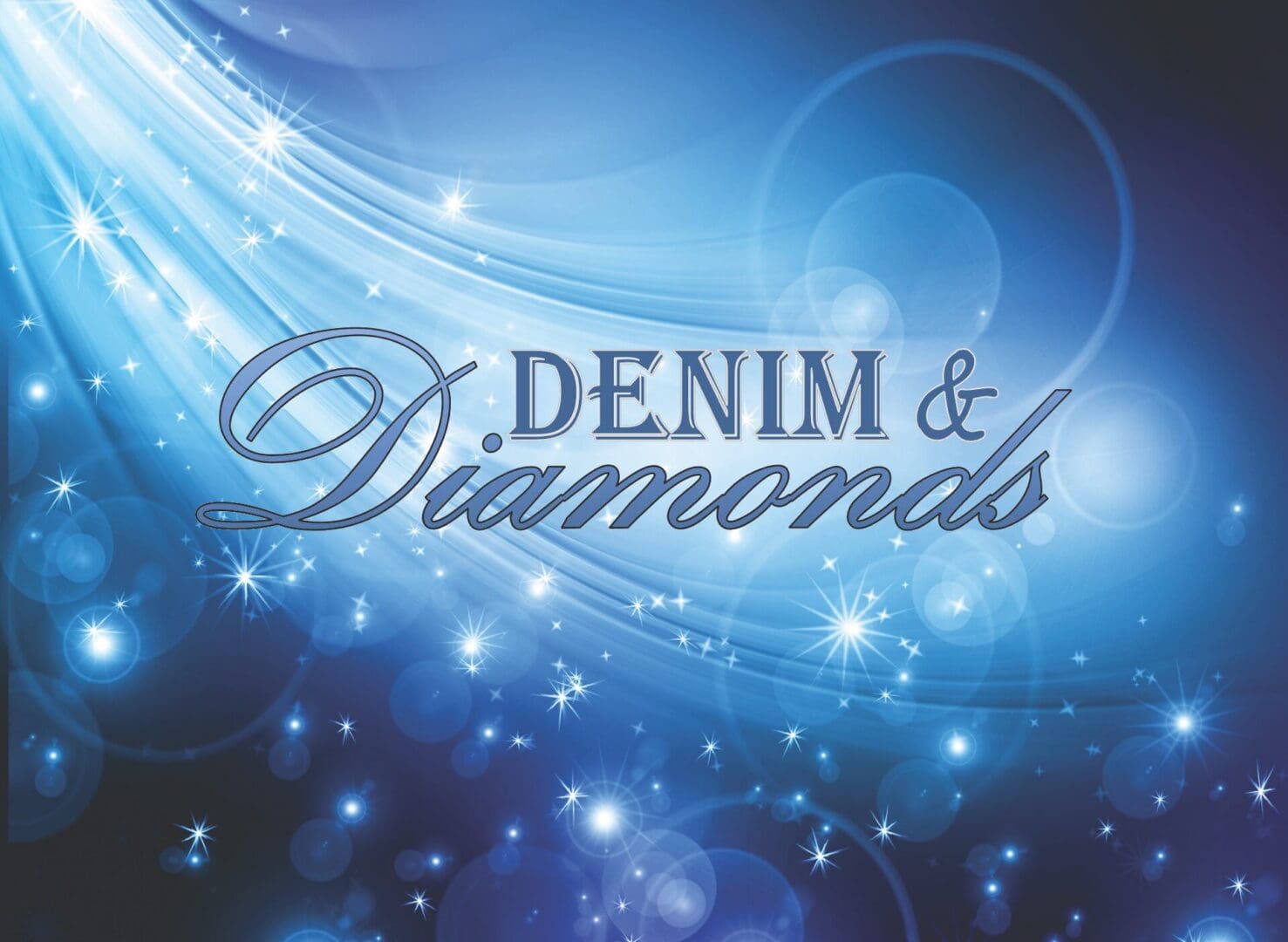 Blue sparkling background with light beams and the text 'DENIM & Diamonds' in stylized font.