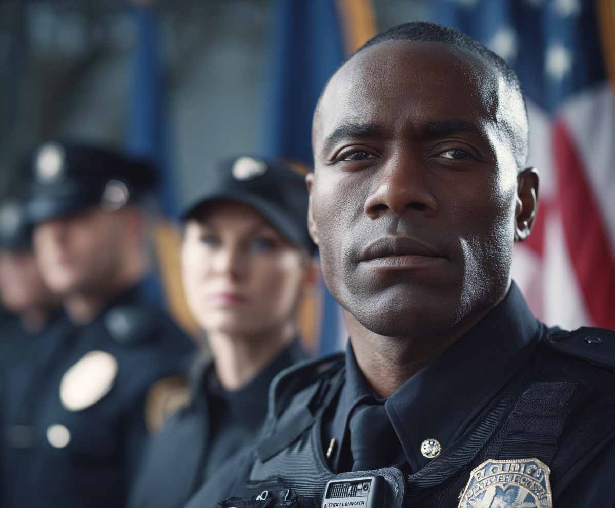 A group of police officers standing in front of an American flag and an Indiana State flag.